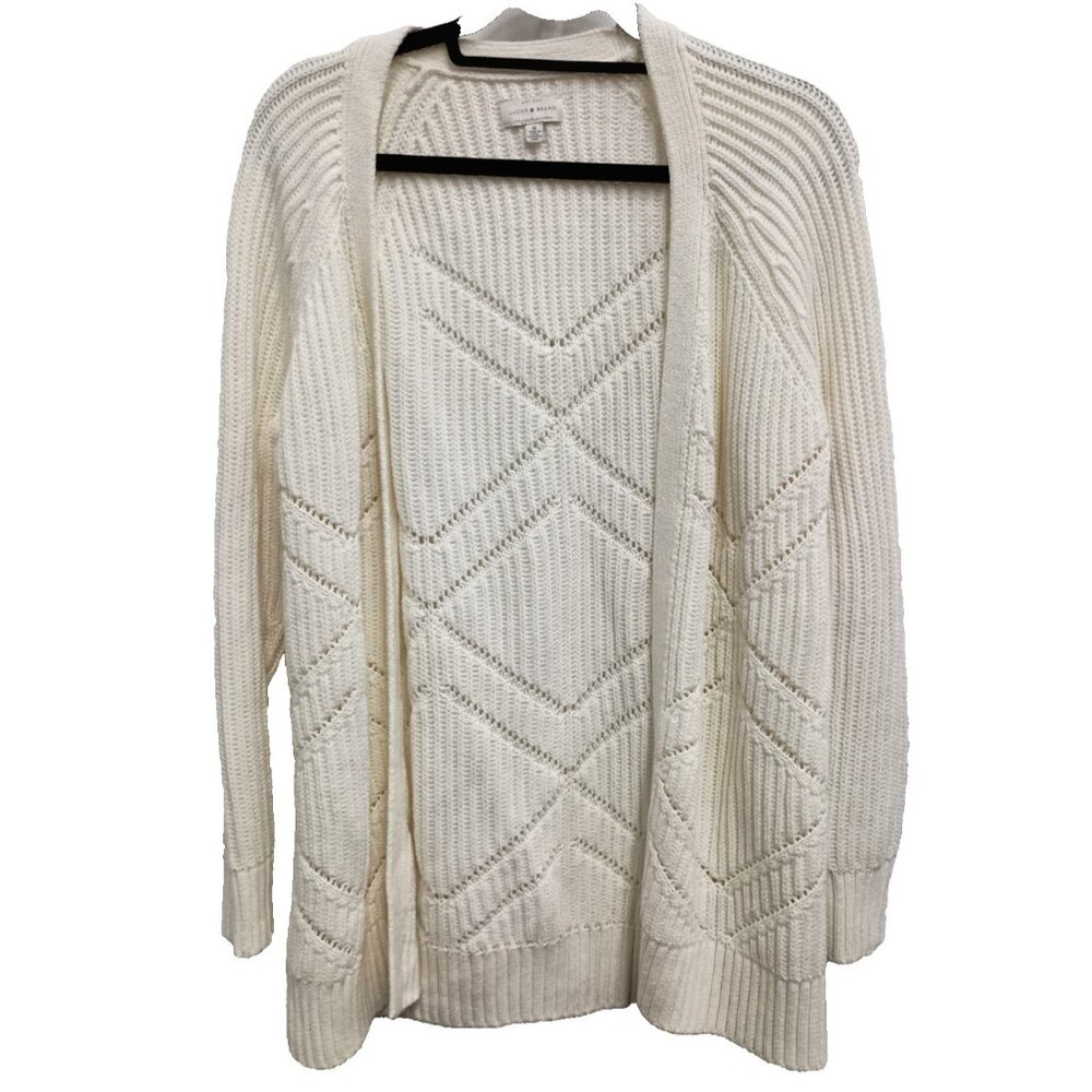 Lucky Brand BOHO Cottagecore Cardigan Womens Medium Off‎ White Pointelle Knit